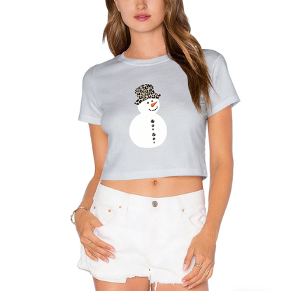 Trendy Leopard Hat Snowman Red Christmas Crop Tee