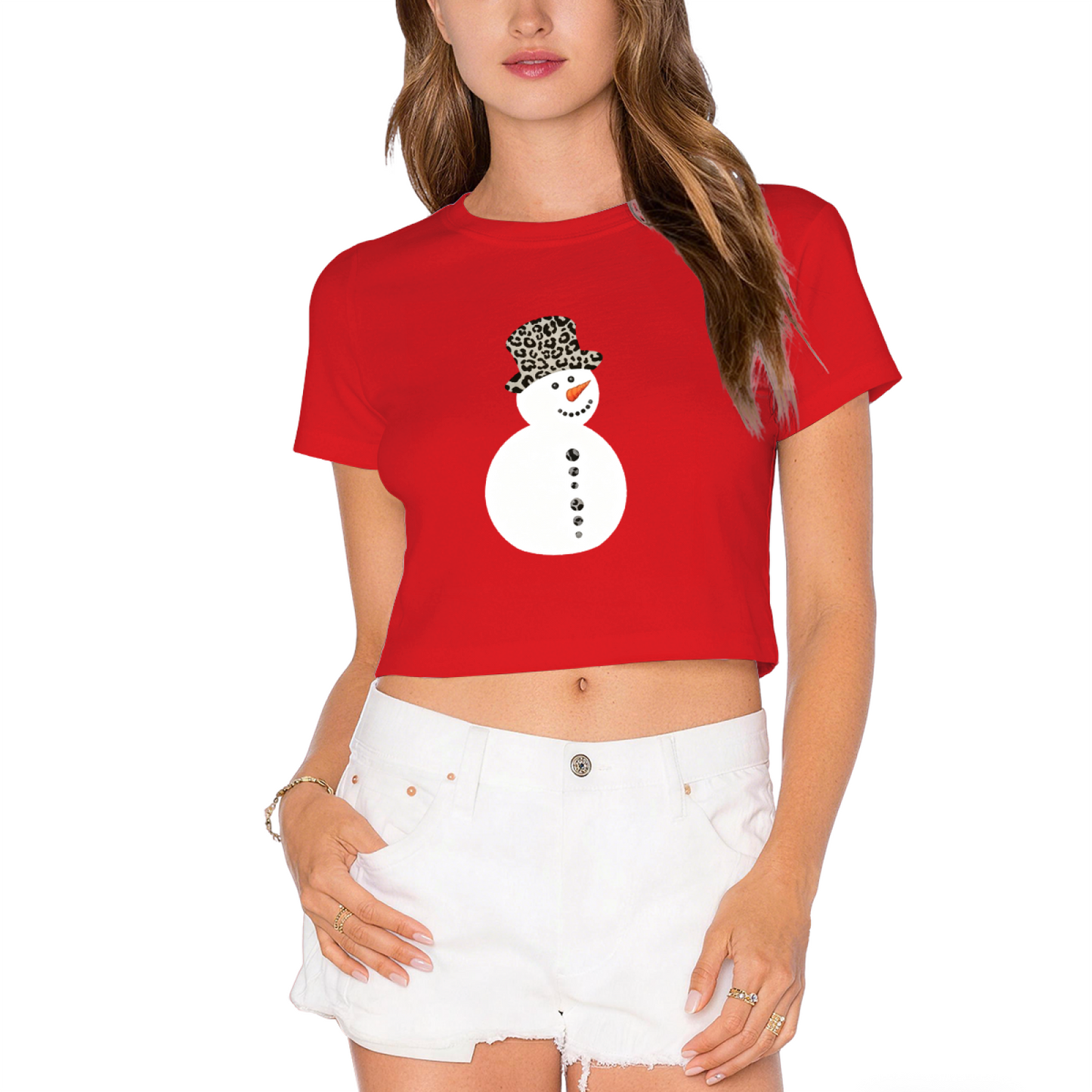 Trendy Leopard Hat Snowman Red Christmas Crop Tee