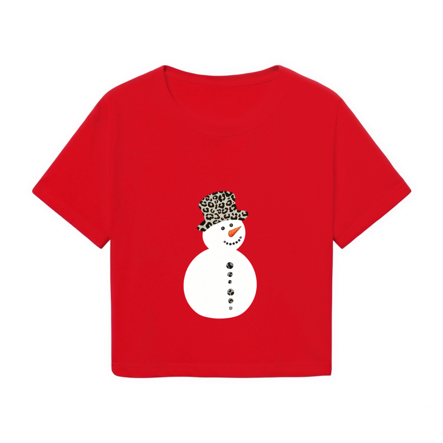 Trendy Leopard Hat Snowman Red Christmas Crop Tee