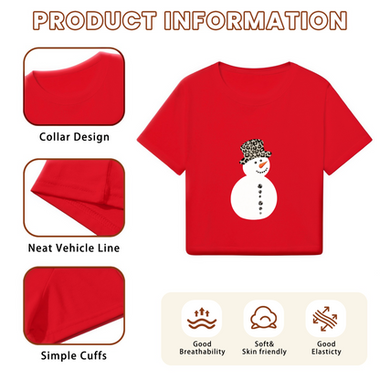 Trendy Leopard Hat Snowman Red Christmas Crop Tee