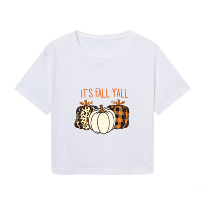 It¡¯s Fall Y¡¯all Mixed Pattern Pumpkin Fall Crop Top
