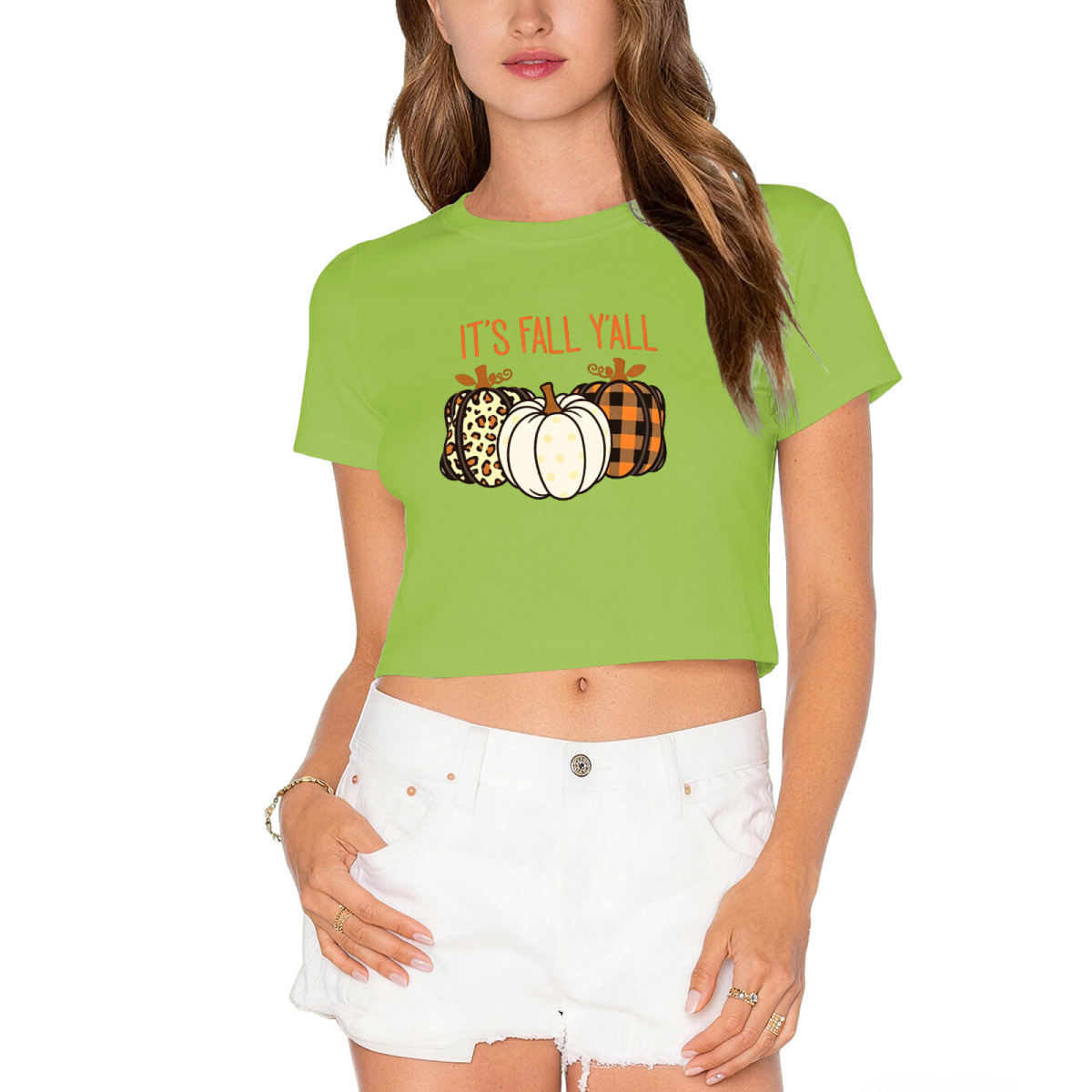 It¡¯s Fall Y¡¯all Mixed Pattern Pumpkin Fall Crop Top