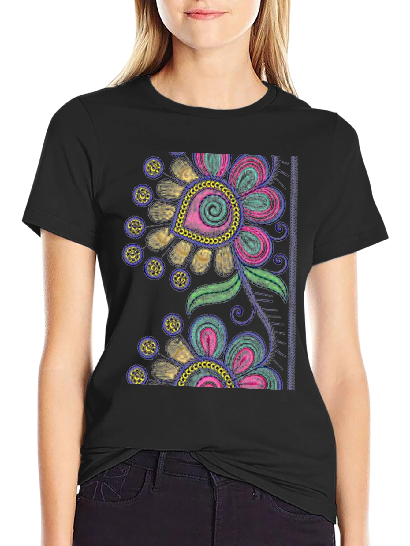 Black Floral Embroidered Graphic Tee