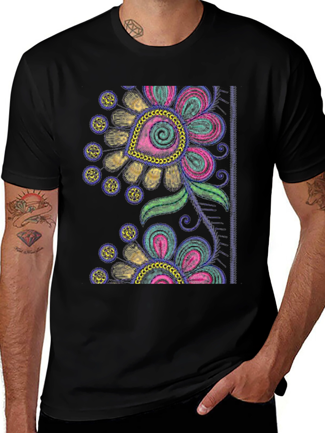 Black Floral Embroidered Graphic Tee
