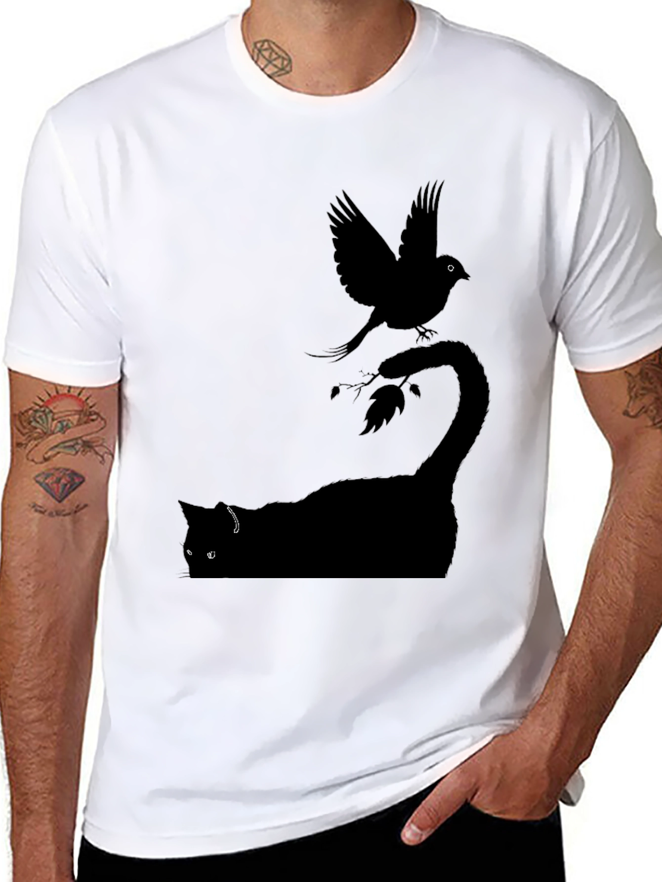 Cat & Bird Graphic T-Shirt - Mens Black Tee