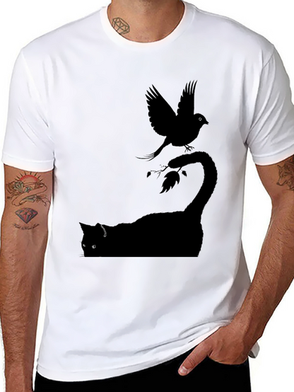Cat & Bird Graphic T-Shirt - Mens Black Tee