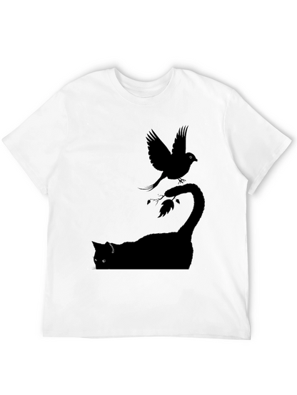 Cat & Bird Graphic T-Shirt - Mens Black Tee