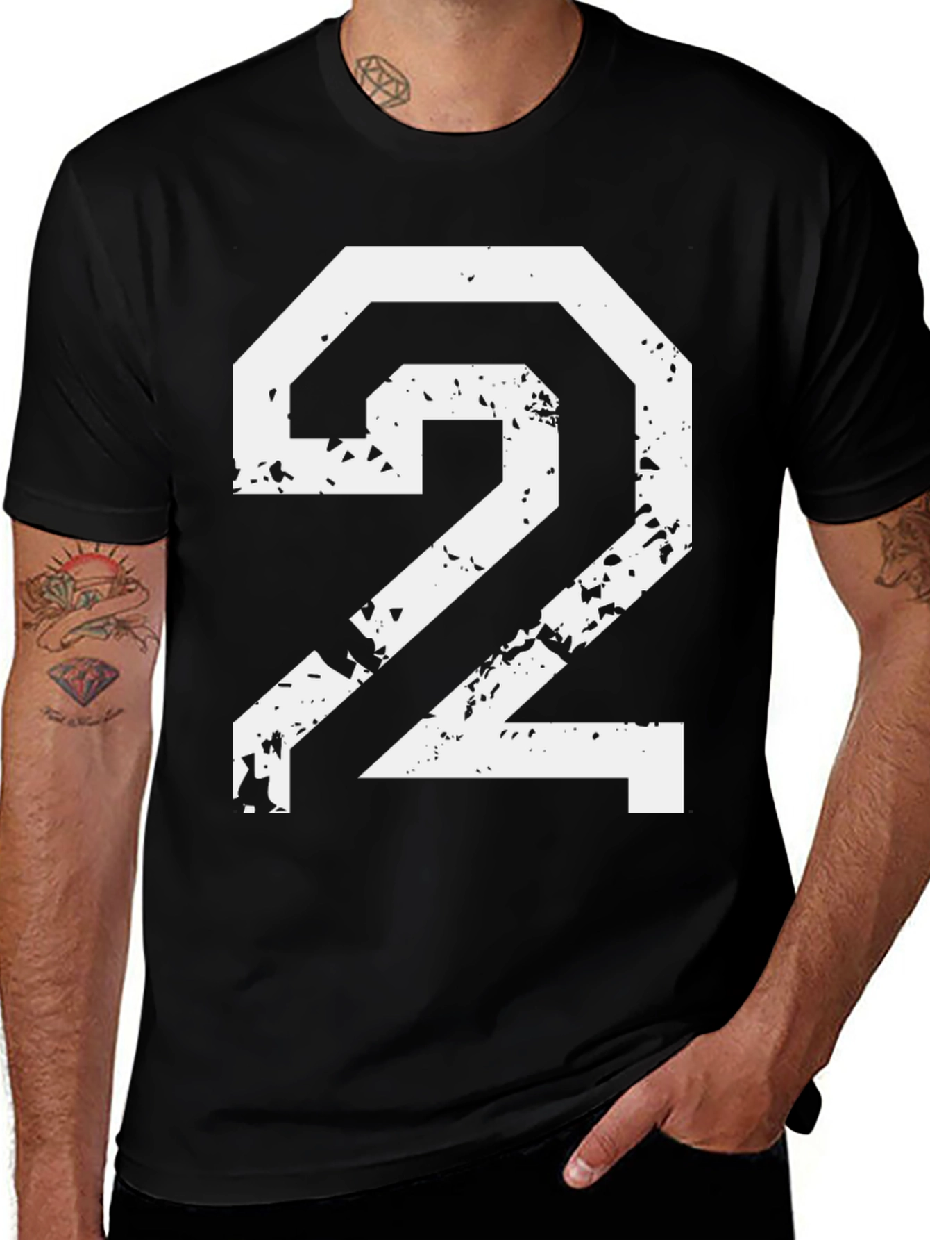 Distressed Number 2 Graphic Tee - Black Cotton Blend
