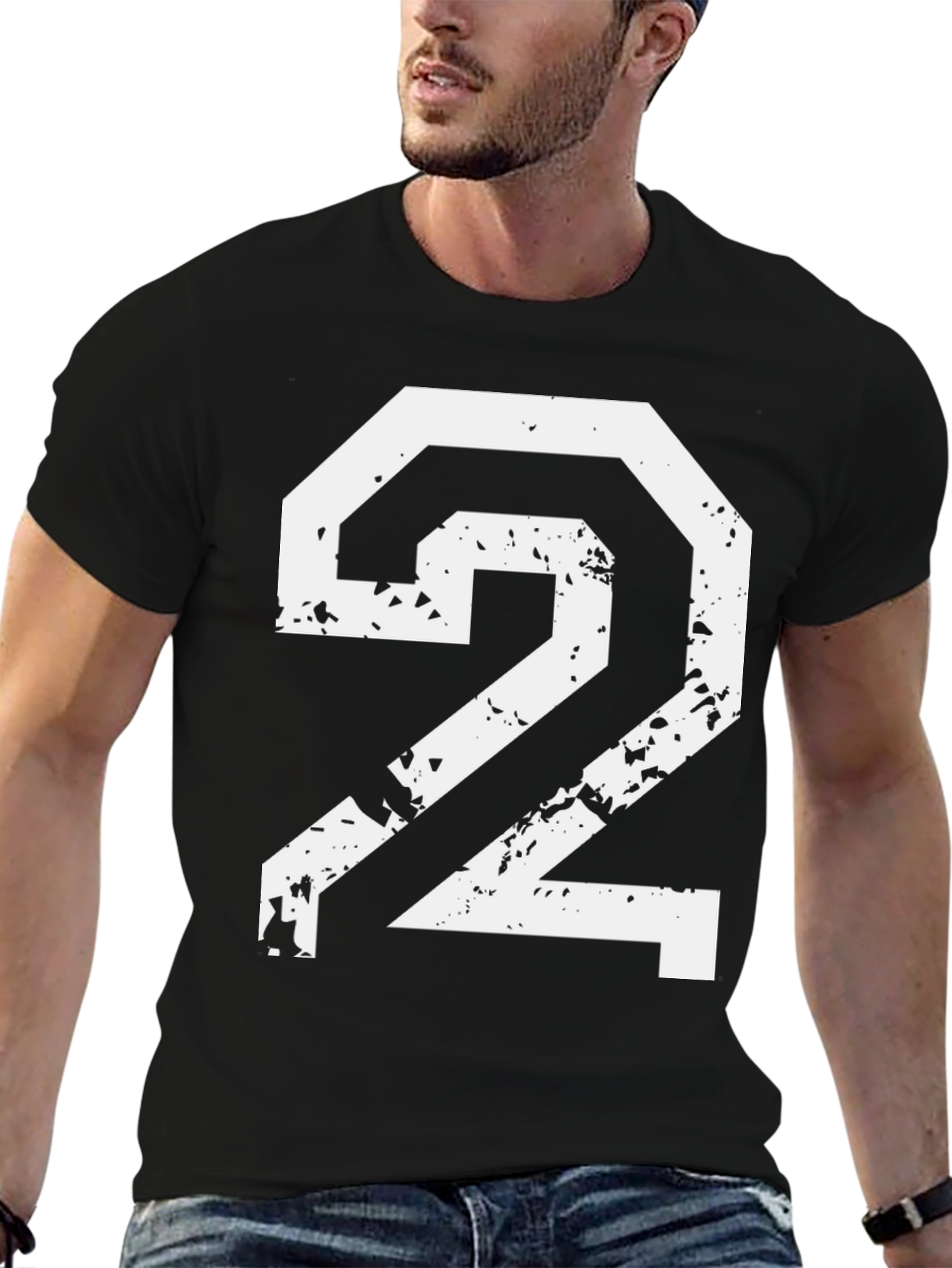 Distressed Number 2 Graphic Tee - Black Cotton Blend