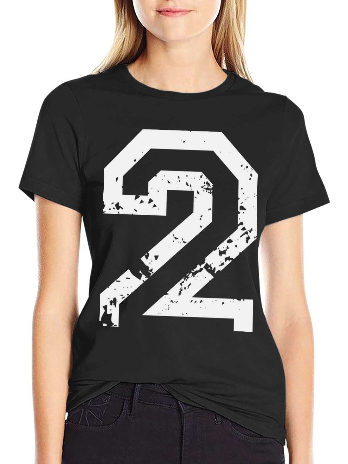 Distressed Number 2 Graphic Tee - Black Cotton Blend