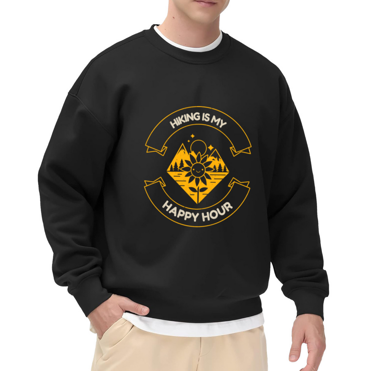 Hiking Is My Happy Hour Sweatshirt - Retro Trail Badge Crewneck, Smiling Sunflower Outdoor Pullover, Hiker Nature Gift Sweatshirt, Trail Life Top