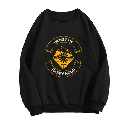 Hiking Is My Happy Hour Sweatshirt - Retro Trail Badge Crewneck, Smiling Sunflower Outdoor Pullover, Hiker Nature Gift Sweatshirt, Trail Life Top