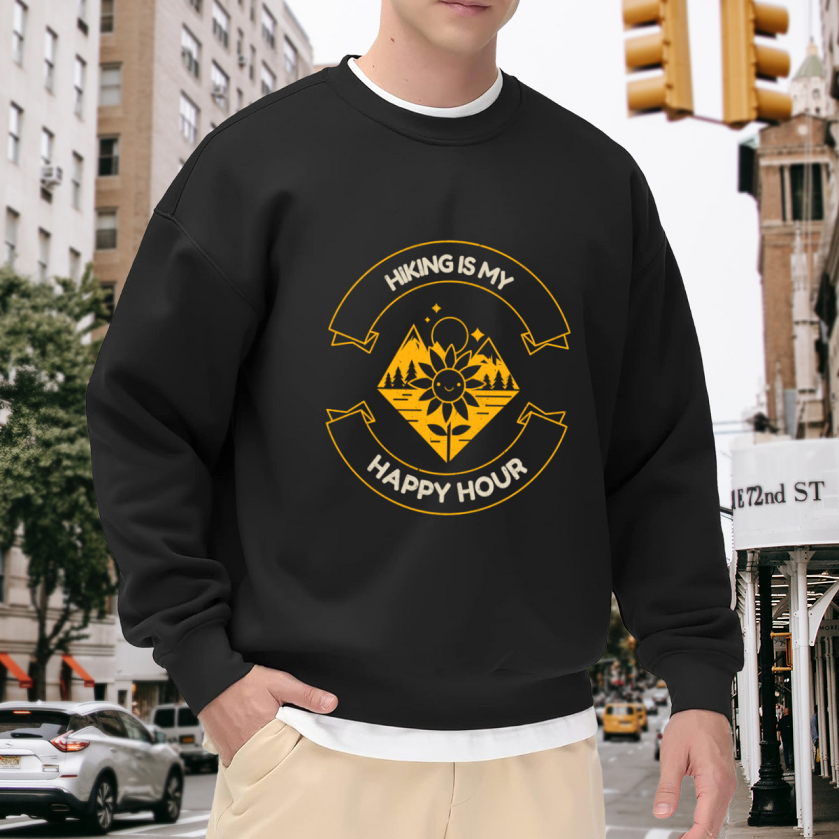Hiking Is My Happy Hour Sweatshirt - Retro Trail Badge Crewneck, Smiling Sunflower Outdoor Pullover, Hiker Nature Gift Sweatshirt, Trail Life Top