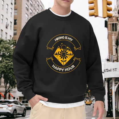 Hiking Is My Happy Hour Sweatshirt - Retro Trail Badge Crewneck, Smiling Sunflower Outdoor Pullover, Hiker Nature Gift Sweatshirt, Trail Life Top