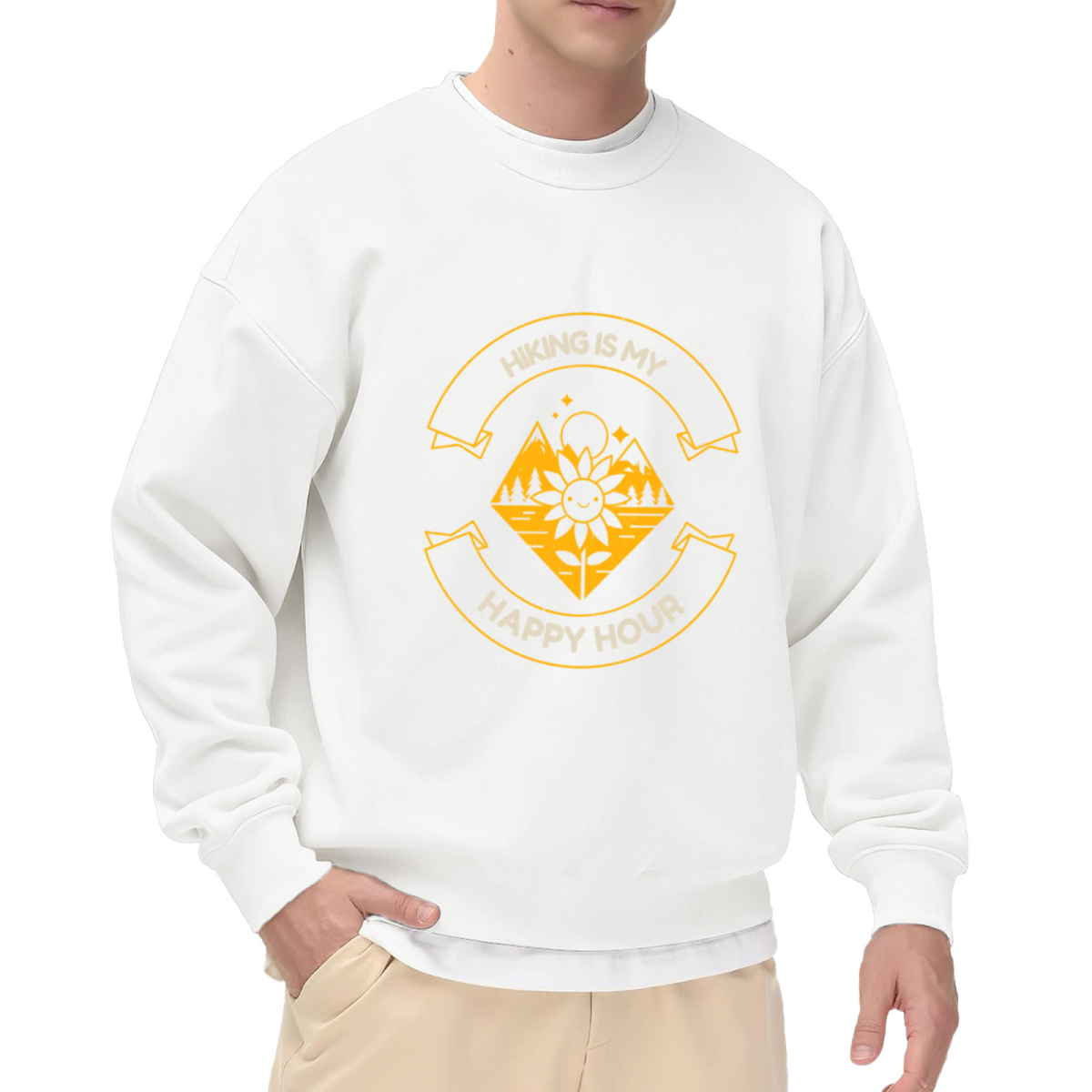 Hiking Is My Happy Hour Sweatshirt - Retro Trail Badge Crewneck, Smiling Sunflower Outdoor Pullover, Hiker Nature Gift Sweatshirt, Trail Life Top