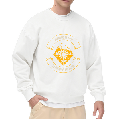 Hiking Is My Happy Hour Sweatshirt - Retro Trail Badge Crewneck, Smiling Sunflower Outdoor Pullover, Hiker Nature Gift Sweatshirt, Trail Life Top
