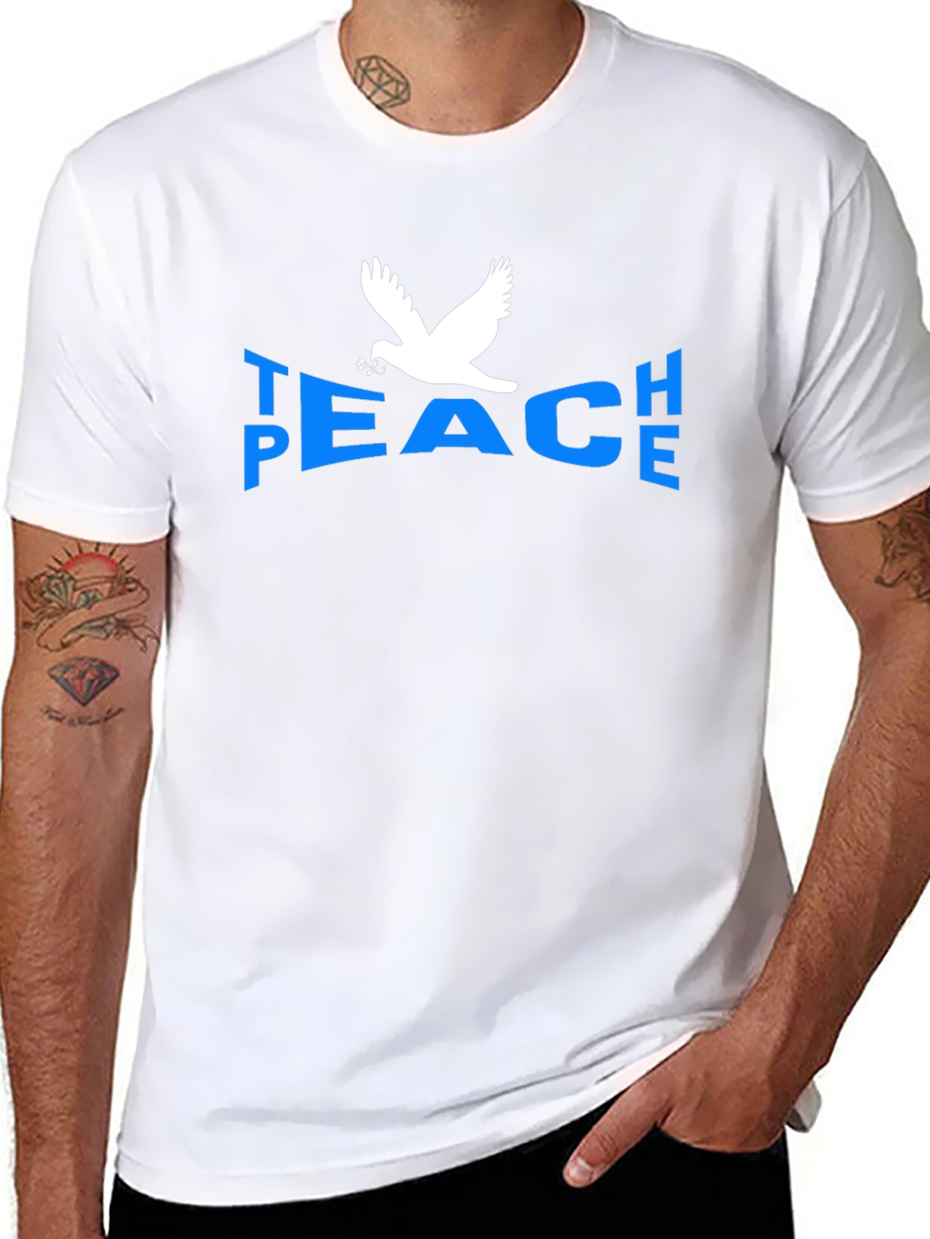 Peace Dove Graphic T-Shirt - Blue Text Black Tee