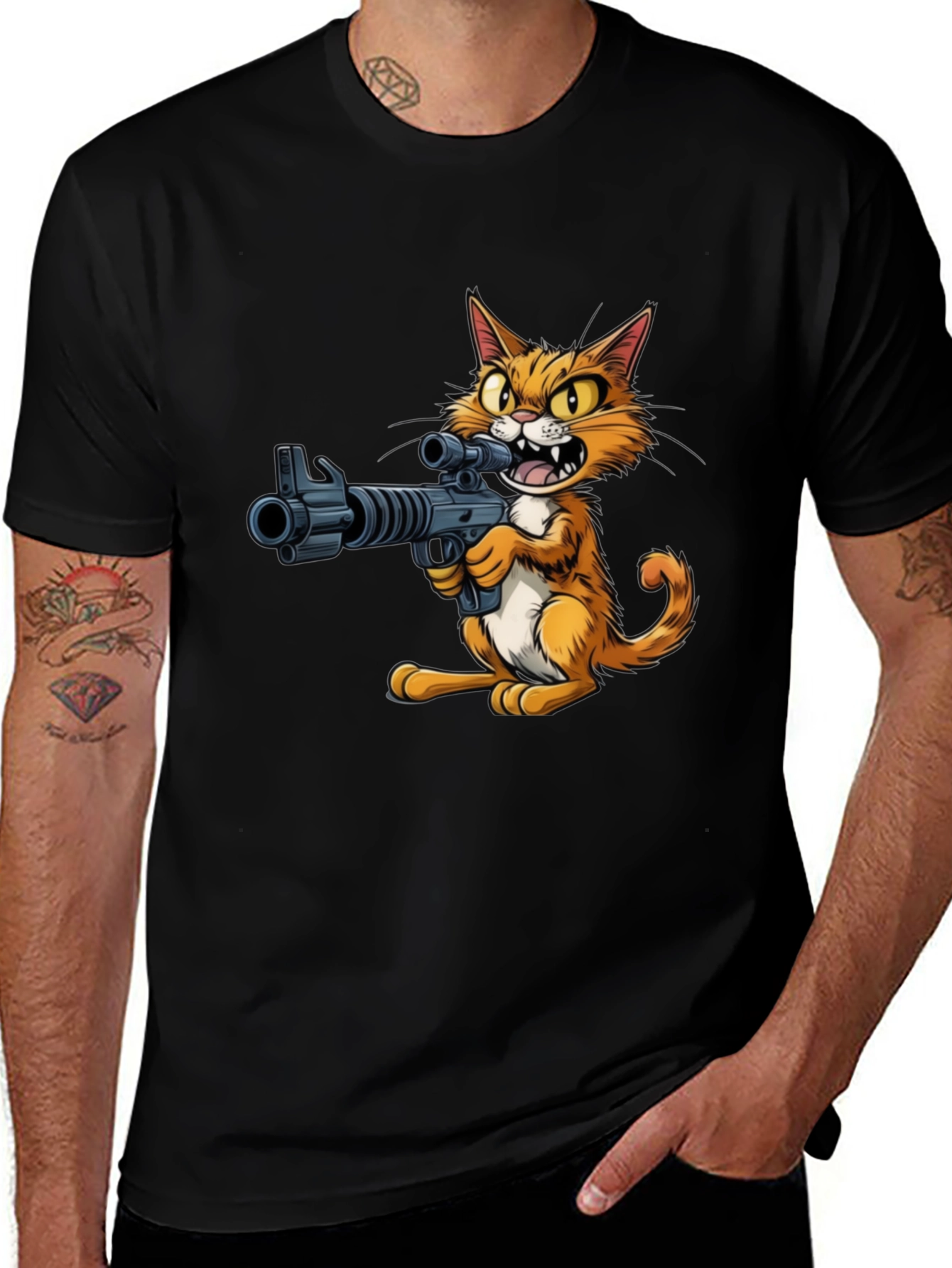 Cat with Gun Graphic T-Shirt
