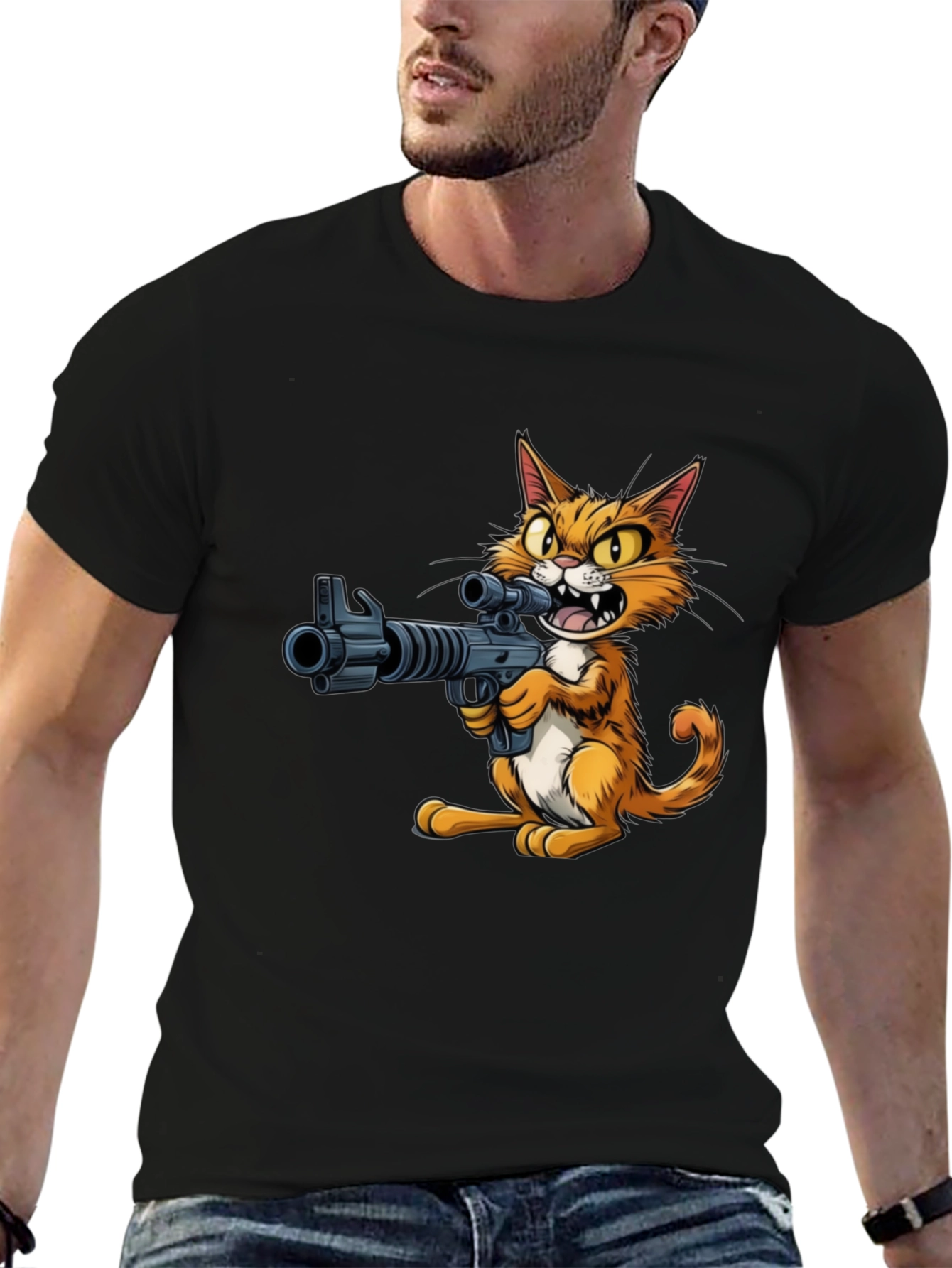 Cat with Gun Graphic T-Shirt