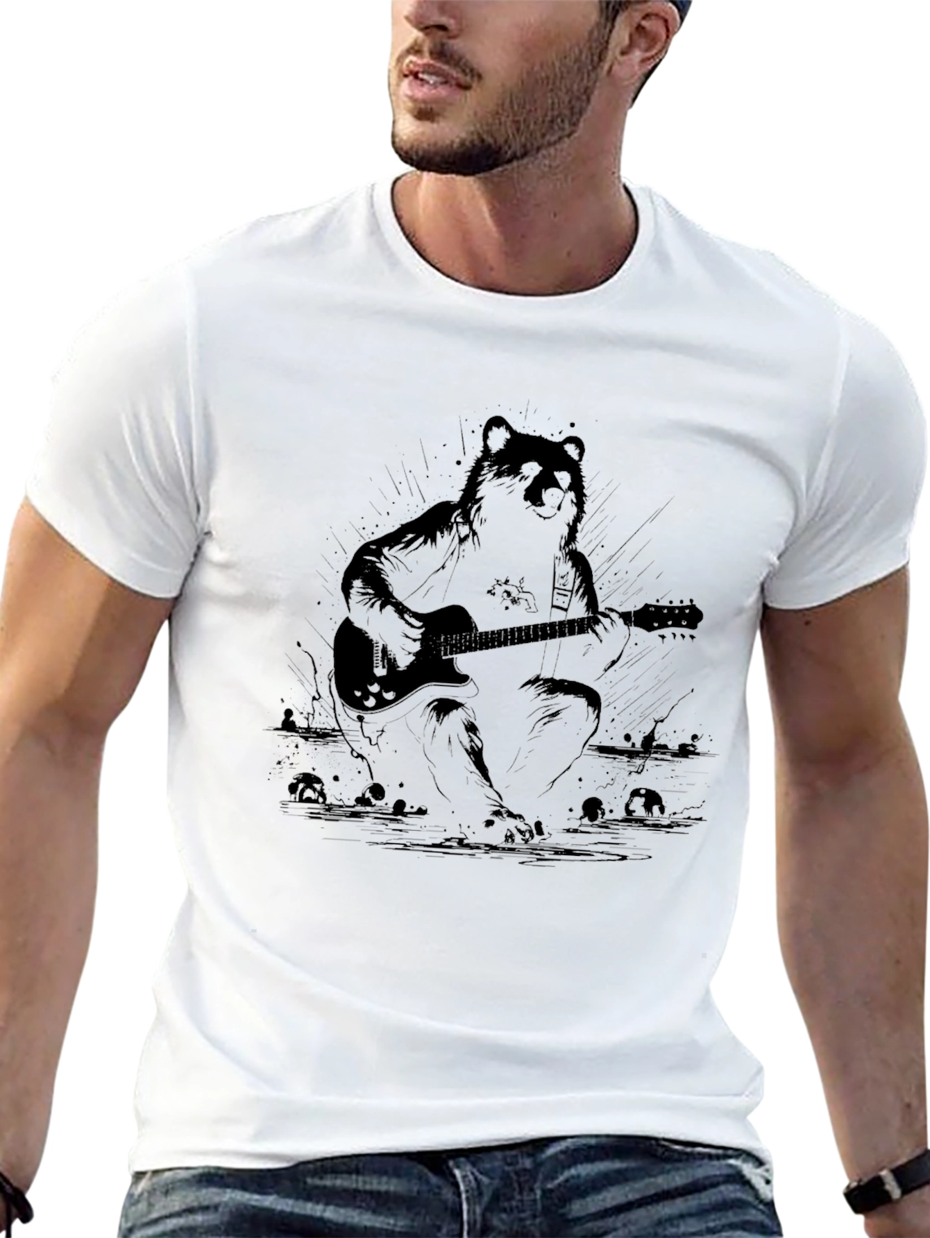 Bear Guitarist Graphic Black T-Shirt
