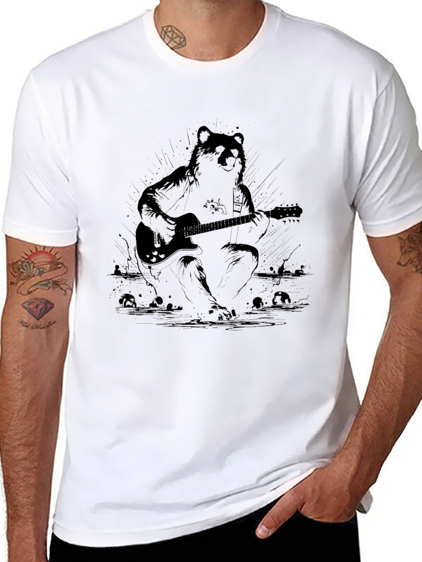 Bear Guitarist Graphic Black T-Shirt