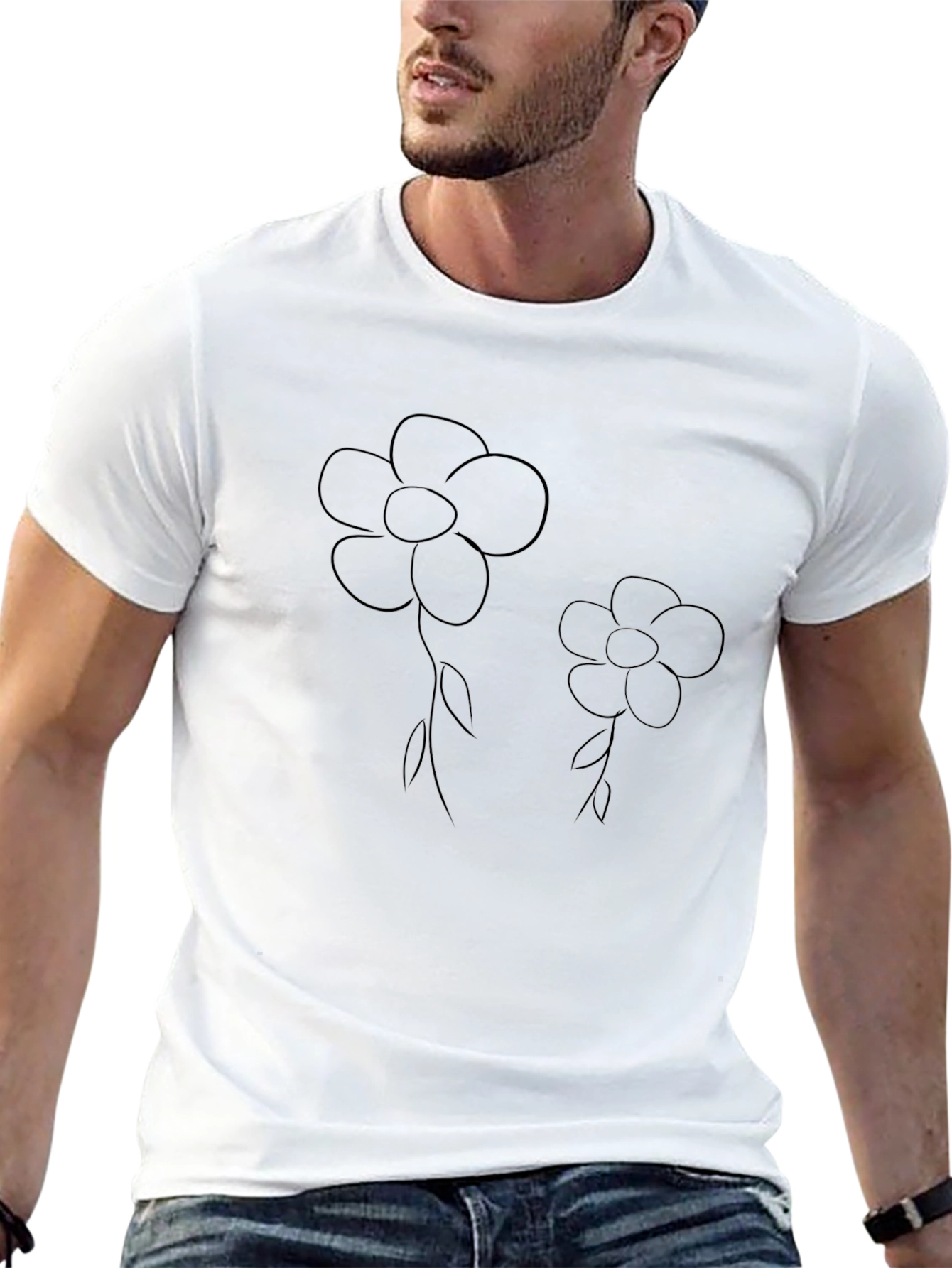 Floral Outline Graphic Tee - Casual Black T-Shirt