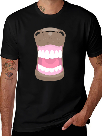 Funny Hippo Mouth Graphic Black T-Shirt