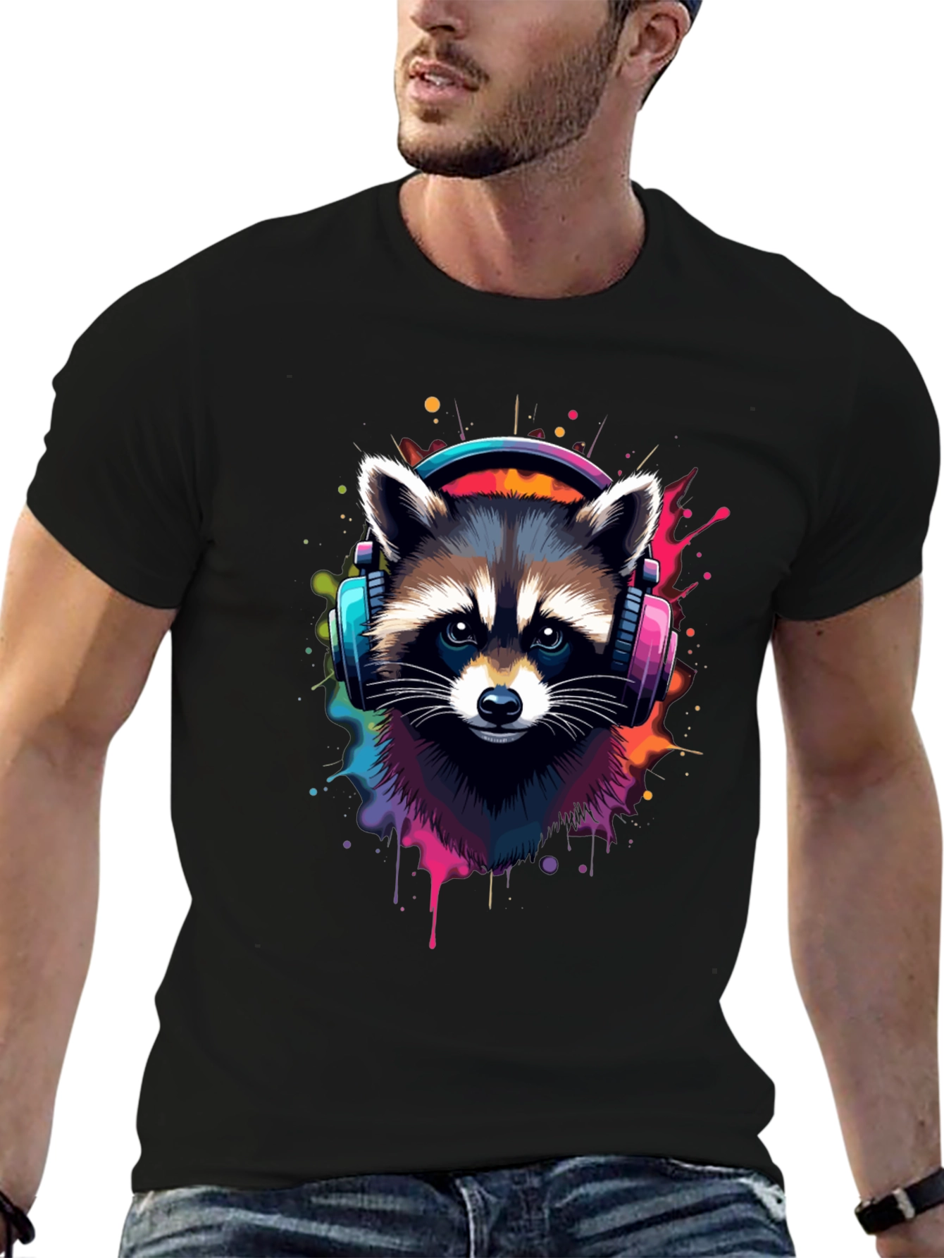 Cool Raccoon Headphone Black Tee