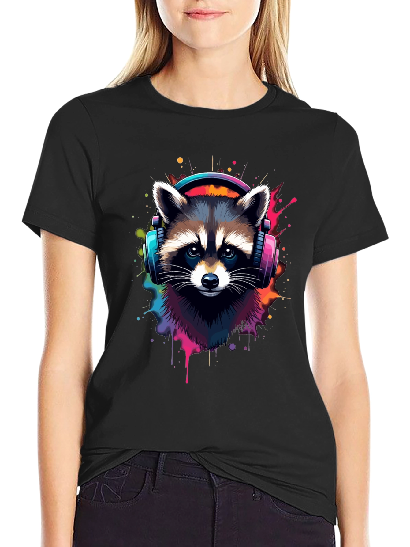 Cool Raccoon Headphone Black Tee