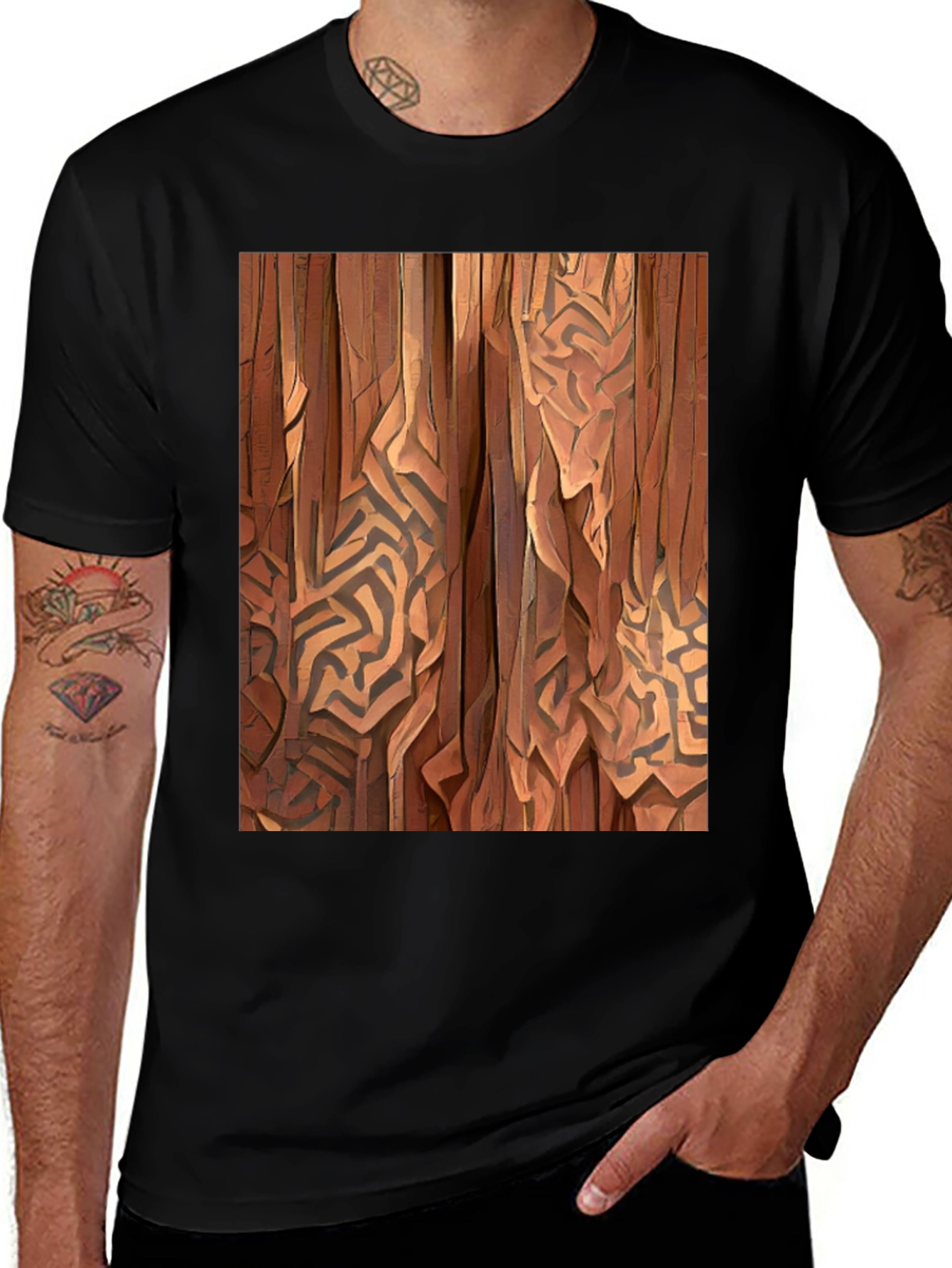 Abstract Wood Pattern Black T-Shirt