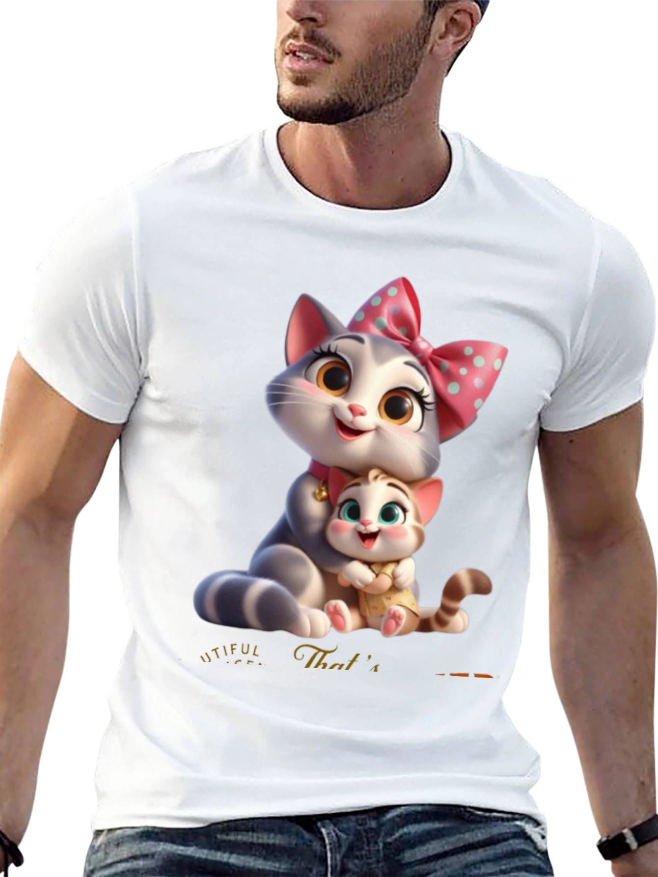 Cute Cartoon Cat Family T-Shirt - Black