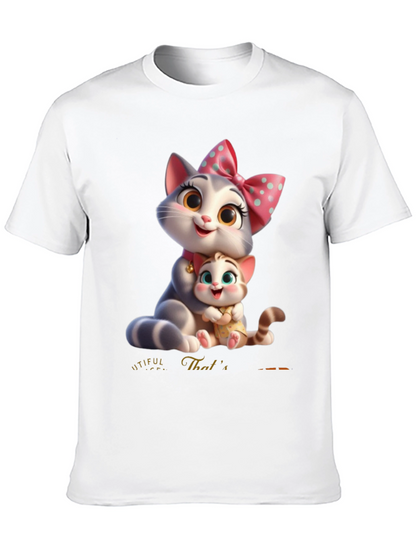 Cute Cartoon Cat Family T-Shirt - Black