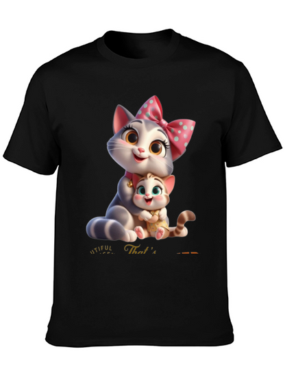 Cute Cartoon Cat Family T-Shirt - Black
