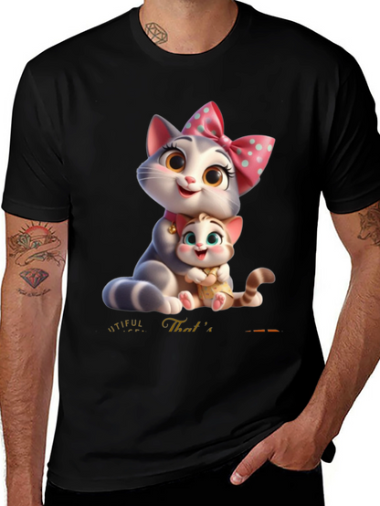 Cute Cartoon Cat Family T-Shirt - Black
