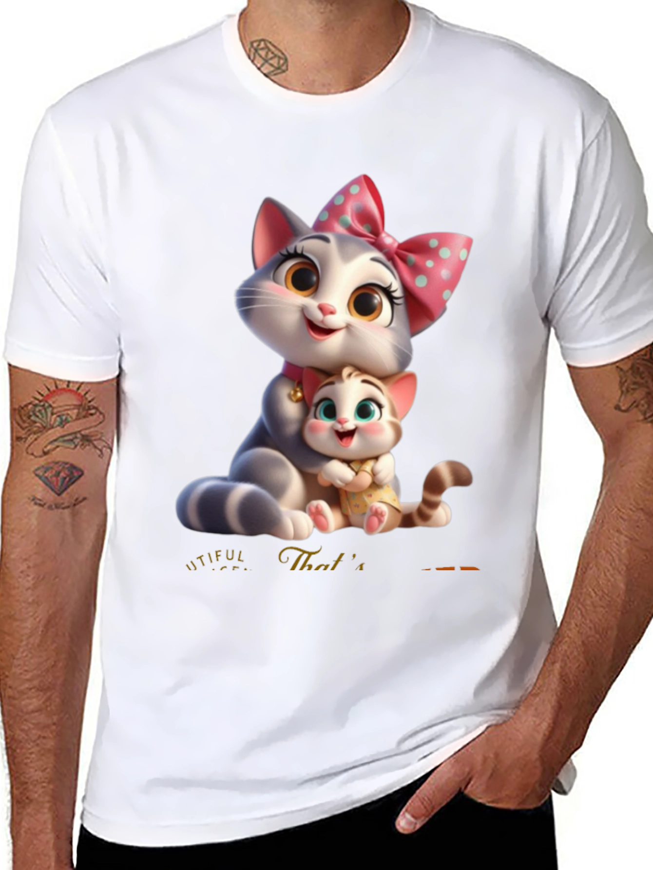 Cute Cartoon Cat Family T-Shirt - Black