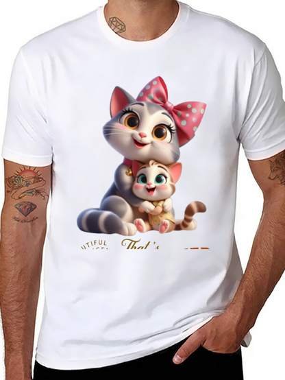 Cute Cartoon Cat Family T-Shirt - Black