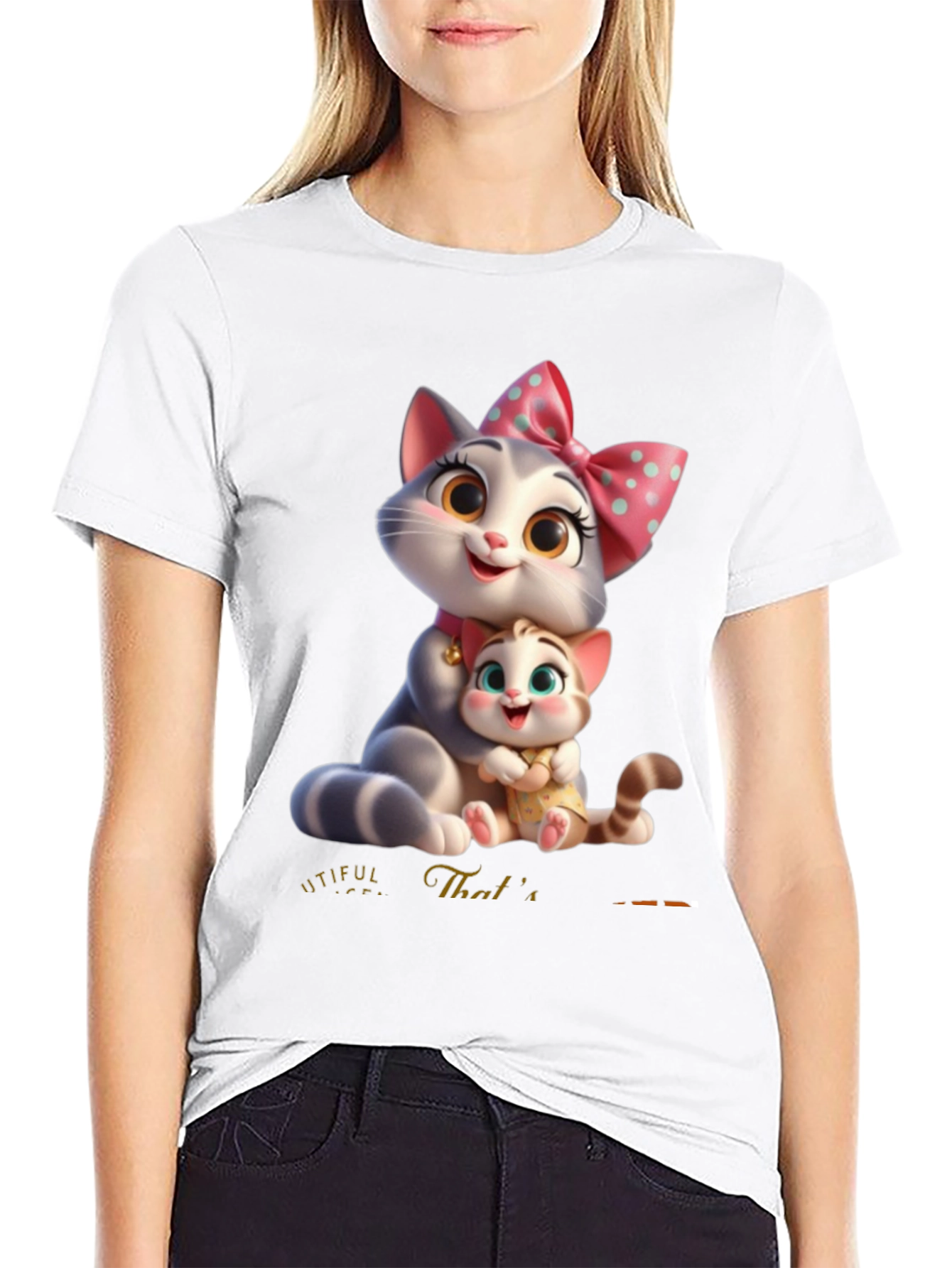 Cute Cartoon Cat Family T-Shirt - Black