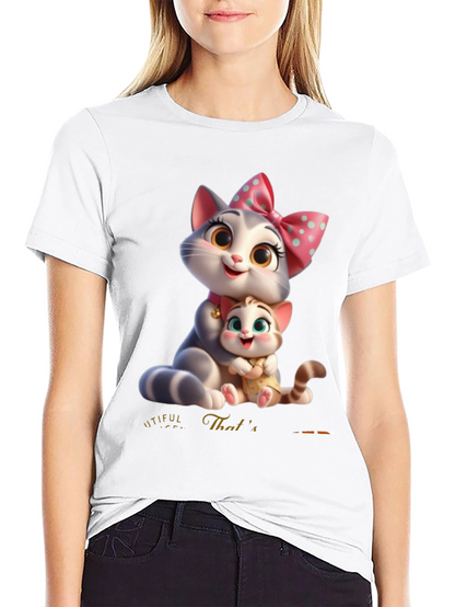 Cute Cartoon Cat Family T-Shirt - Black