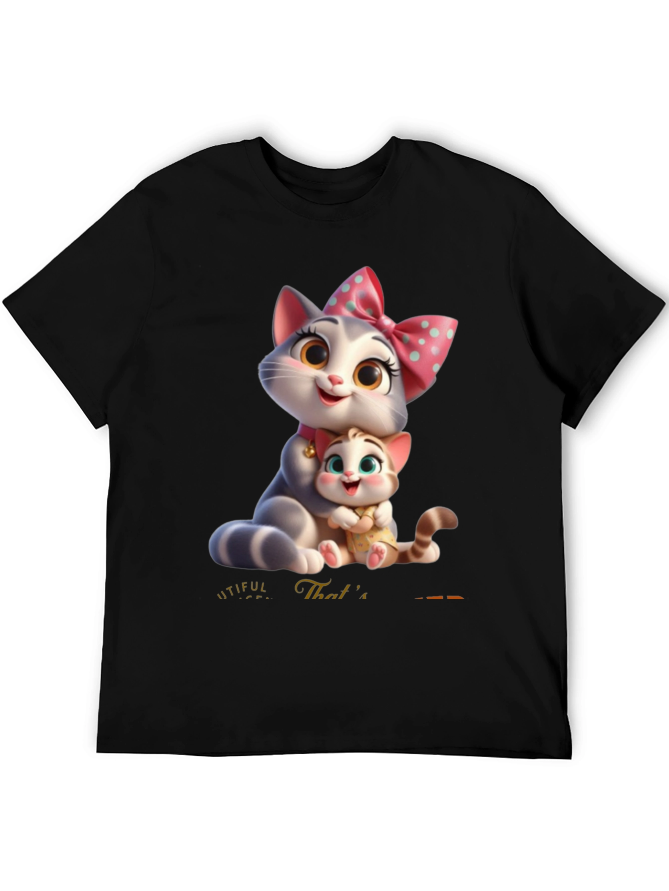 Cute Cartoon Cat Family T-Shirt - Black