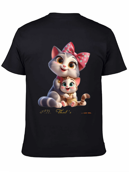 Cute Cartoon Cat Family T-Shirt - Black