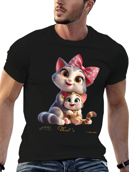 Cute Cartoon Cat Family T-Shirt - Black