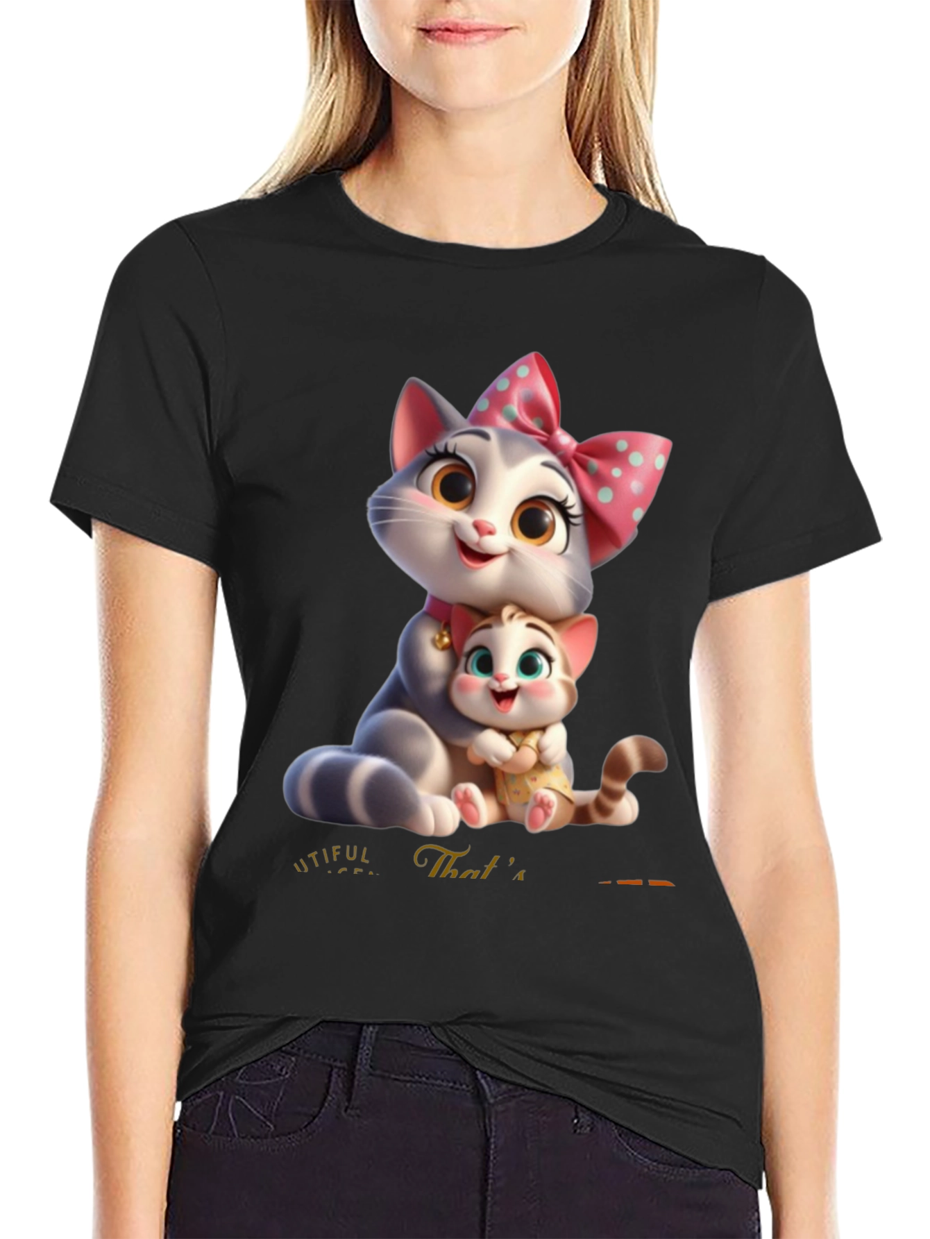 Cute Cartoon Cat Family T-Shirt - Black