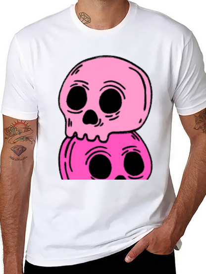 Stacked Skull Tee - Edgy Pink Graphic Print