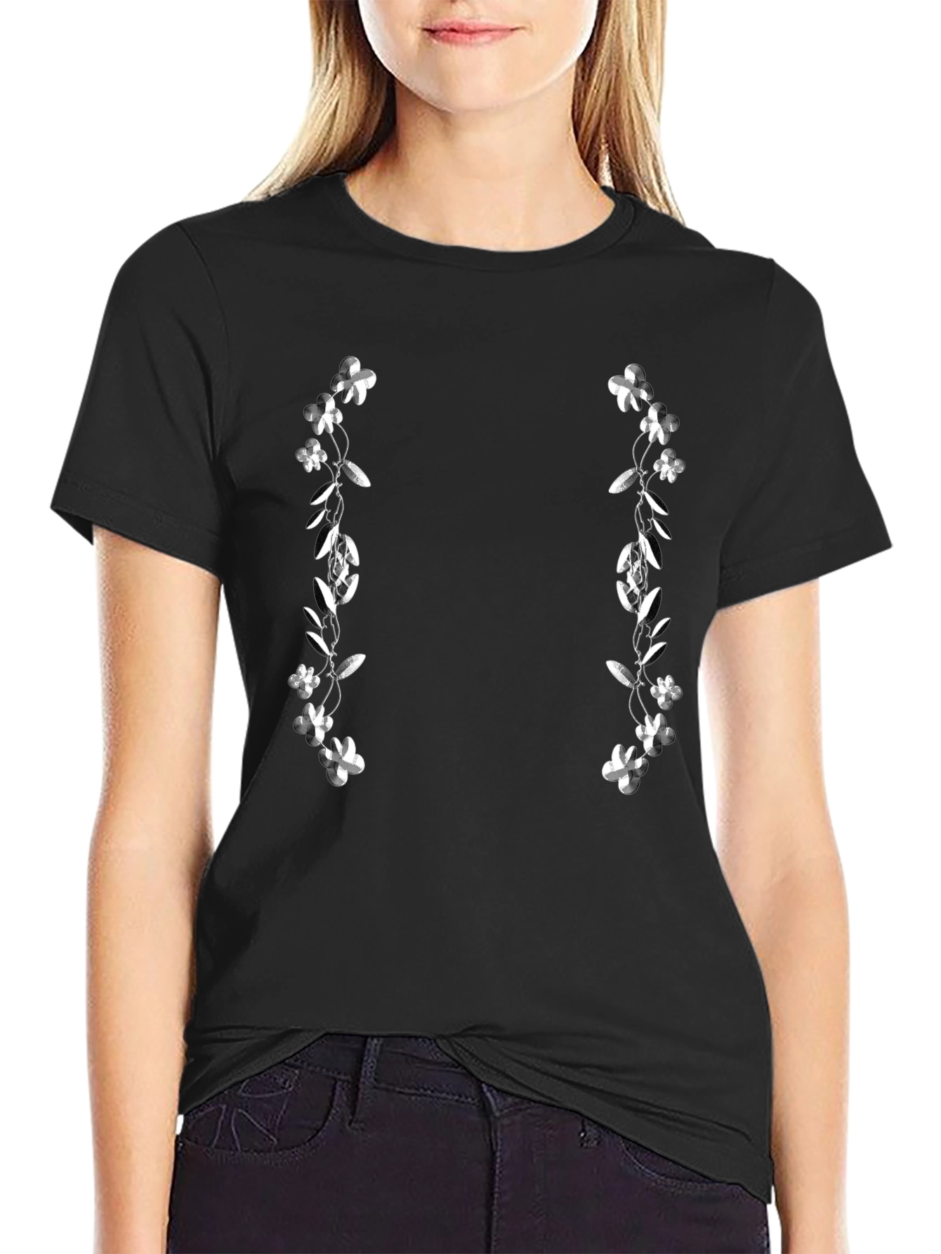 Floral Accent Black T-Shirt
