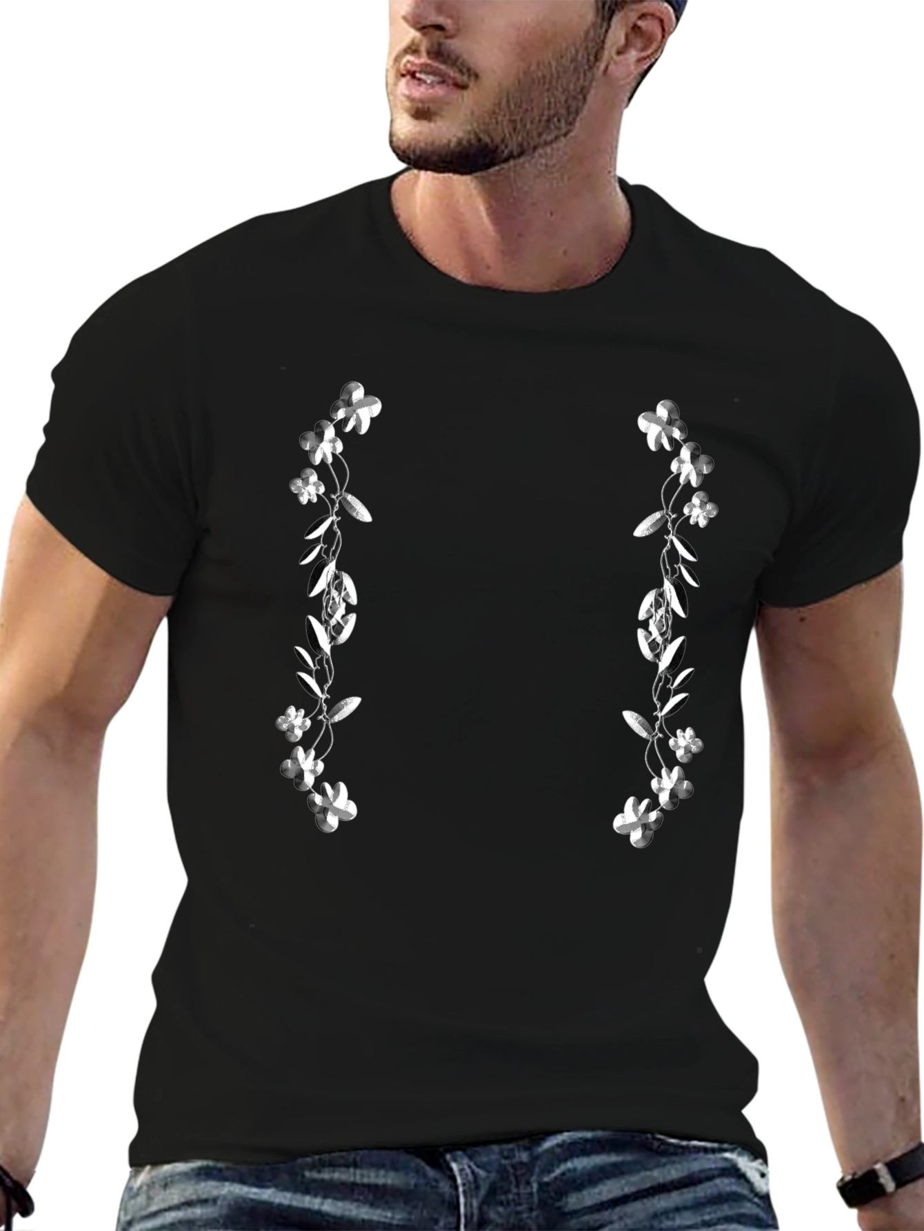 Floral Accent Black T-Shirt