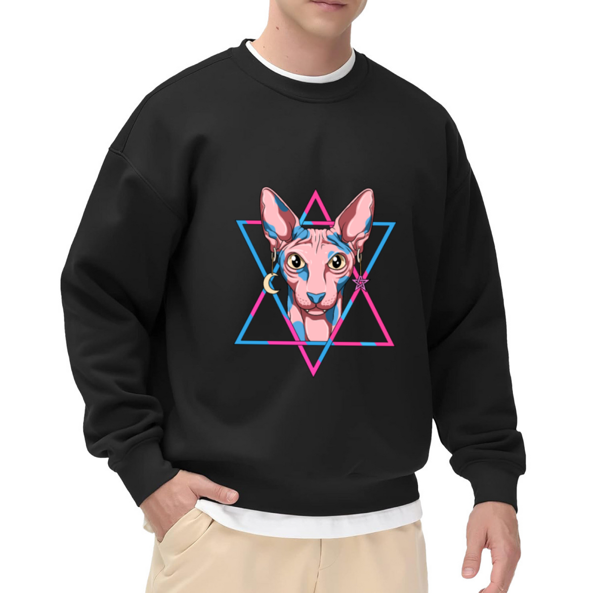 Sphynx Cat Hexagram Crewneck Sweatshirt - Mystical Aesthetic Pet Lover Pullover
