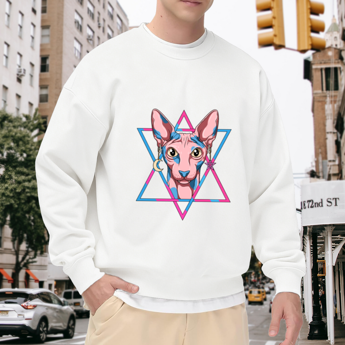 Sphynx Cat Hexagram Crewneck Sweatshirt - Mystical Aesthetic Pet Lover Pullover
