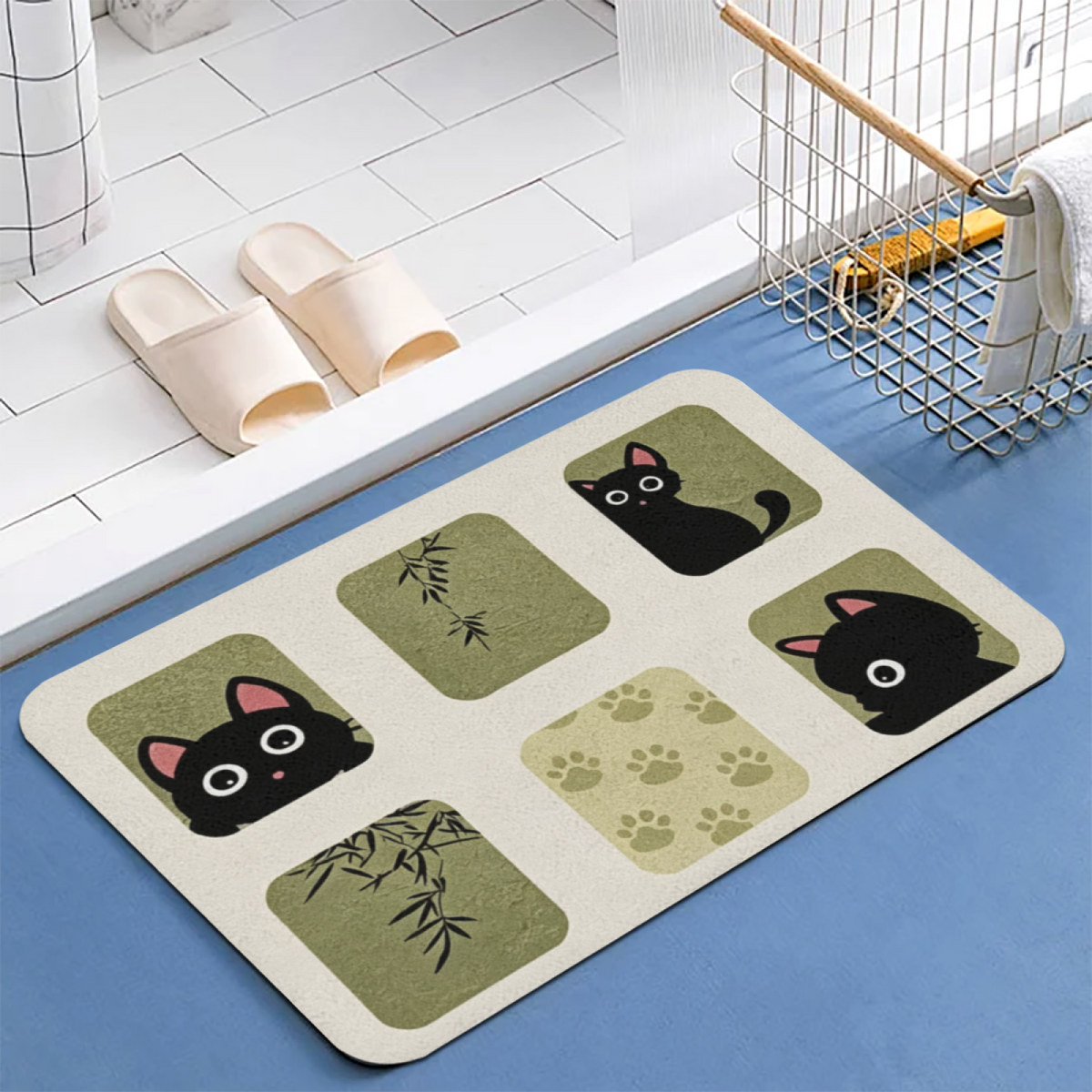 Bamboo Black Cat Diatomite Mat£üChinese Style Bamboo Black Cat Diatomite Mat, Cute Cartoon Quick?Dry Non?Slip Bathroom Shower Floor Mat