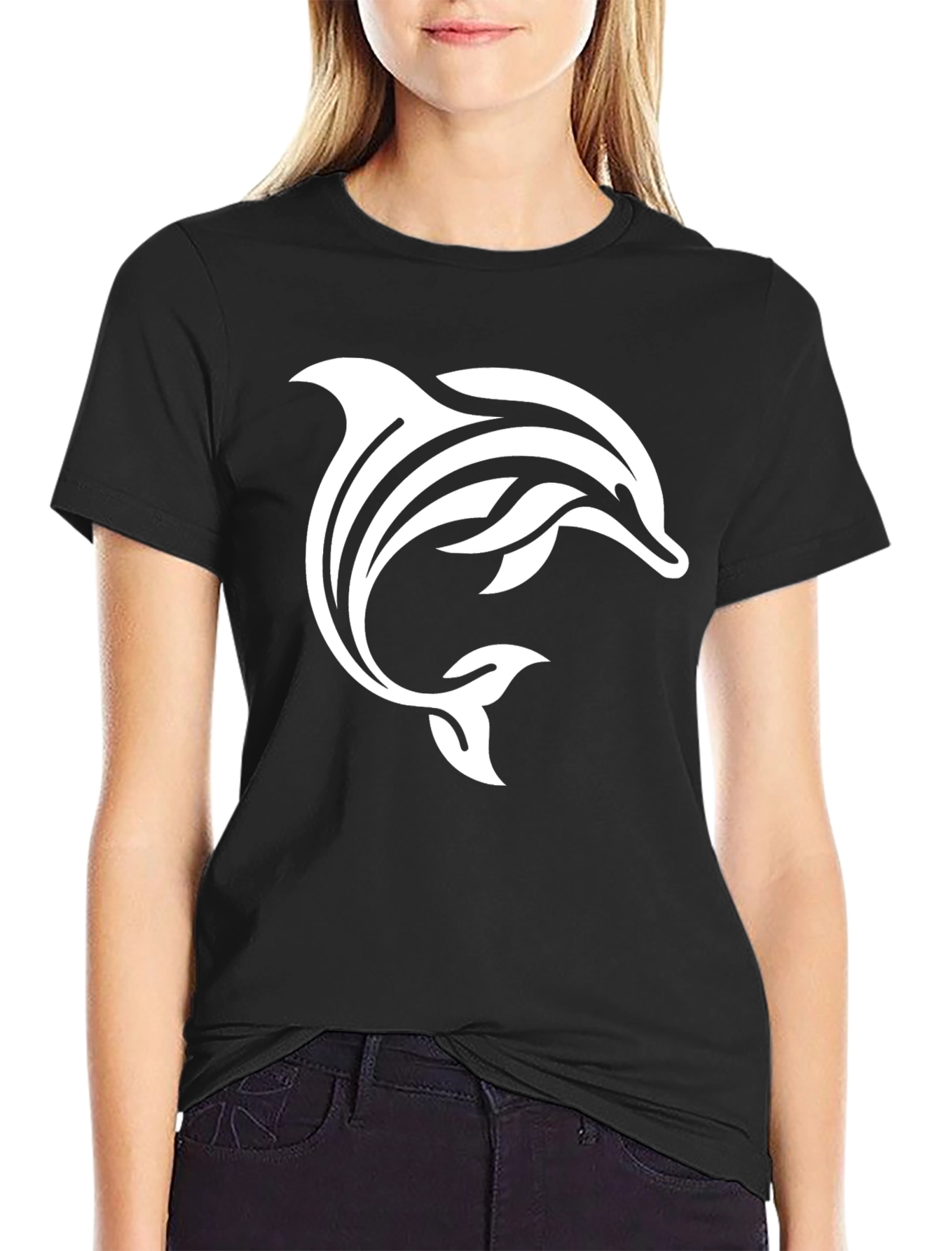 Black T-Shirt with White Dolphin Design