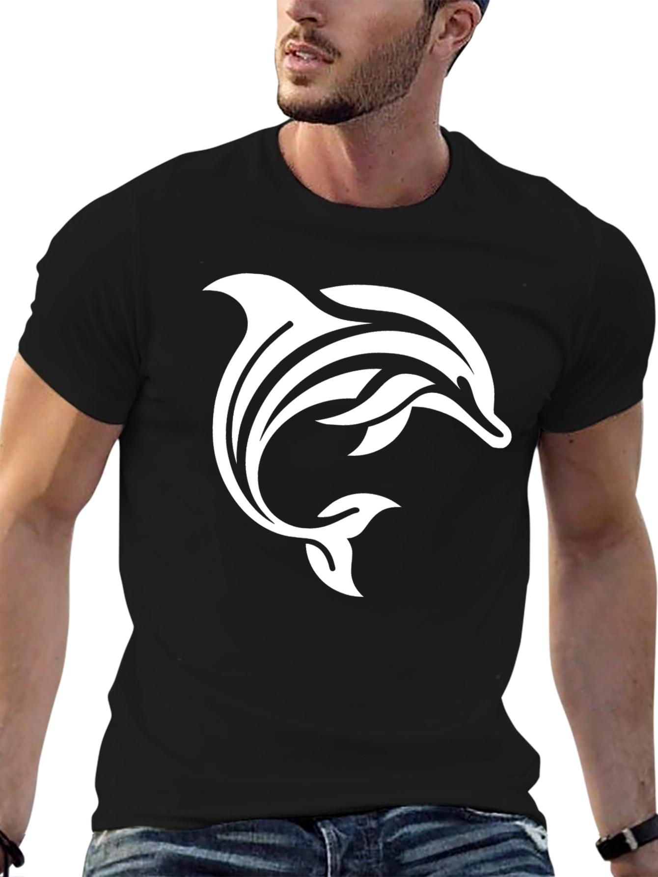 Black T-Shirt with White Dolphin Design